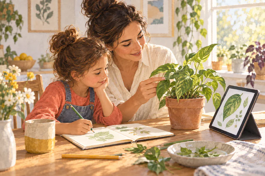 Illustration of a parent and child using technology to explore nature and draw together.